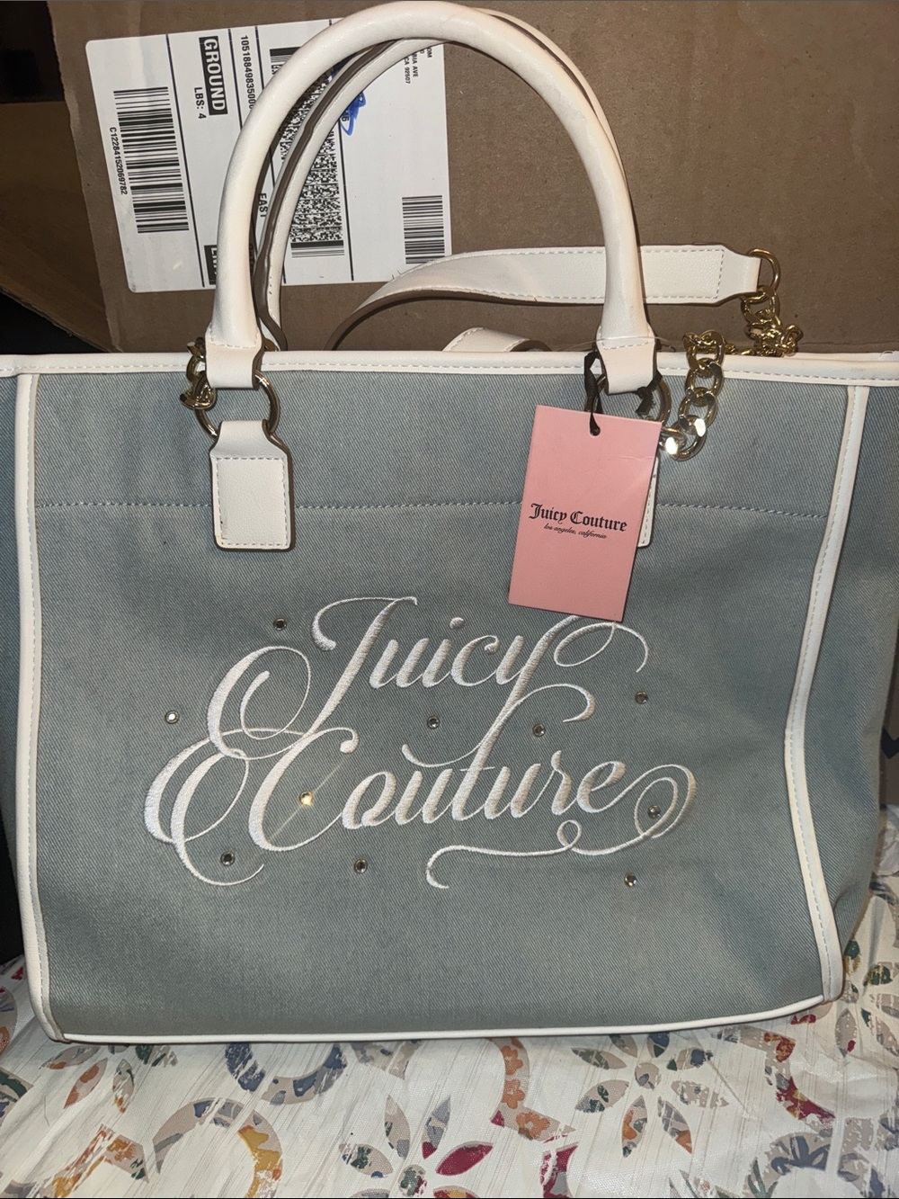 Juicy Couture blue denim and White beach Couture Tote w/ Gold Chain Handles NEW
